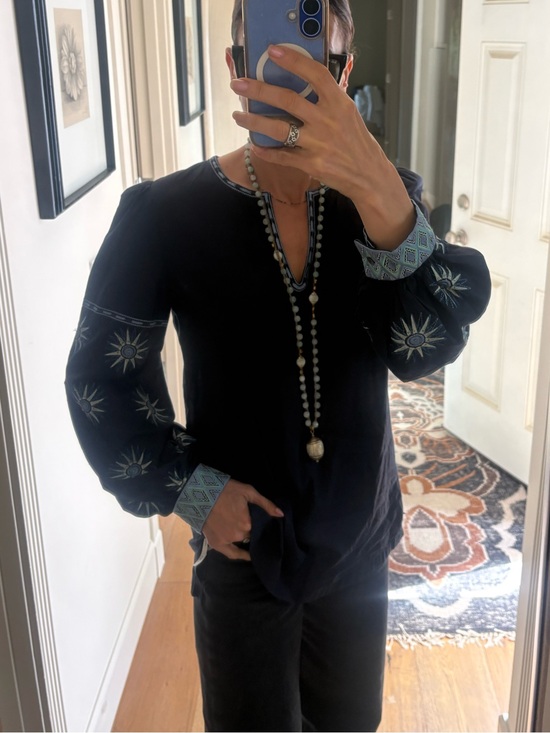 Emporio Sirenuse Tops - Emporio Sirenuse Positano Hand Embroidered Celestial Sun Balloon Sleeve Top 40